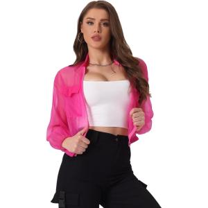 imageAllegra K Sheer Bomber Jacket for Womens Zip Up Long Sleeve See Through JacketsHot Pink