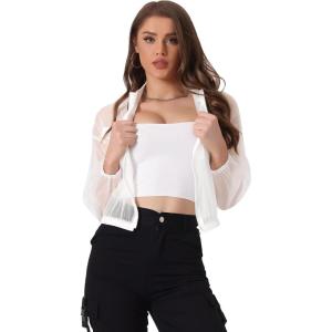 imageAllegra K Sheer Bomber Jacket for Womens Zip Up Long Sleeve See Through JacketsWhite
