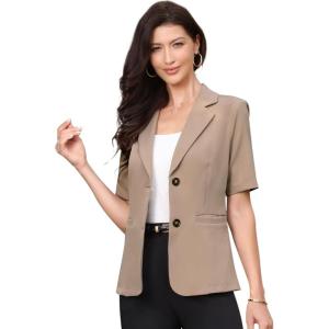 imageAllegra K Short Sleeve Blazer for Womens Work Office Notched Lapel Button Down Suit JacketsCamel