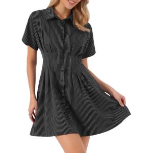 imageAllegra K Striped Shirt Dress for Womens Button Down Short Sleeve Casual Tight Waist Work DressesBlack