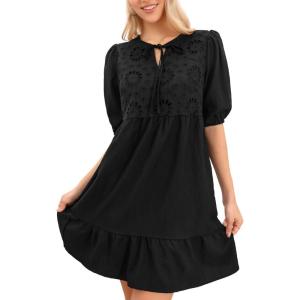 imageAllegra K Summer Babydoll Dress for Womens Embroidered Eyelet Panel Short Sleeve Ruffle Hem Short DressesBlack