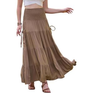 imageAllegra K Summer Flowy Boho Maxi Skirt for Women Tiered Elastic High Waist 2026 A Line Casual Beach Long Skirt with PocketsKhaki