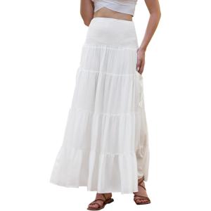 imageAllegra K Summer Flowy Boho Maxi Skirt for Women Tiered Elastic High Waist 2026 A Line Casual Beach Long Skirt with PocketsWhite