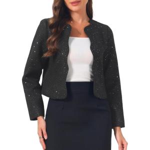 imageAllegra K Tweed Jackets for Women Long Sleeve Collarless Open Front Cardigan Business Work Blazer Suit JacketBlack