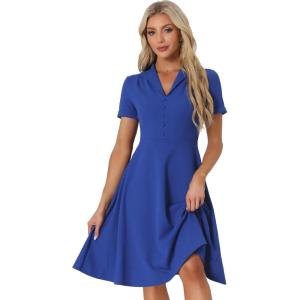imageAllegra K Vintage Work Dresses for Womens 1950s Flat Collar Short Sleeve Fit and Flare DressRoyal Blue