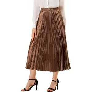 imageAllegra K Women Pleated Skirt Midi Length Elastic High Waisted A Line Swing Flare Metallic Shirring Party Valentines SkirtsBrown