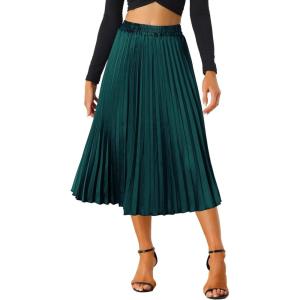 imageAllegra K Women Pleated Skirt Midi Length Elastic High Waisted A Line Swing Flare Metallic Shirring Party Valentines SkirtsGreens