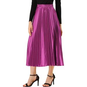 imageAllegra K Women Pleated Skirt Midi Length Elastic High Waisted A Line Swing Flare Metallic Shirring Party Valentines SkirtsMauve
