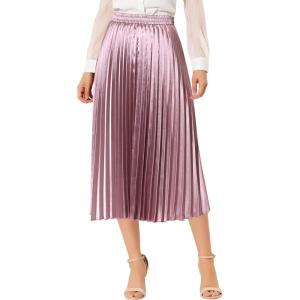 imageAllegra K Women Pleated Skirt Midi Length Elastic High Waisted A Line Swing Flare Metallic Shirring Party Valentines SkirtsRose Purple
