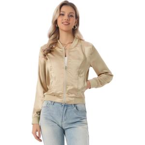 imageAllegra K Womens Bomber Jacket Satin Long Sleeve Zipper Floral Print Casual Fall Coat with Pocket Winter OutwearChampagne
