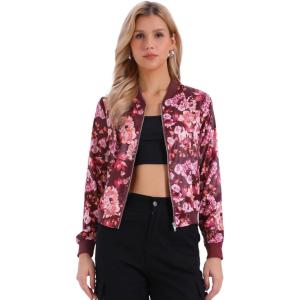 imageAllegra K Womens Bomber Jacket Satin Long Sleeve Zipper Floral Print Casual Fall Coat with Pocket Winter OutwearDeep Purple Red