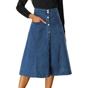 imageAllegra K Womens Denim Skirt High Waist Button Front ALine Casual Summer Midi Jean Skirts with PocketsBlue