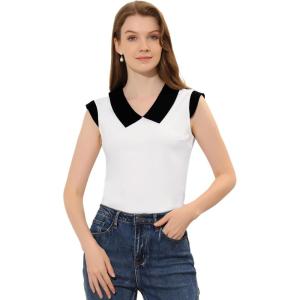 imageAllegra K Womens Flat Collar Contrast Collar Stretchy Cap Sleeve Casual Tshirt White M