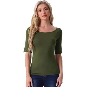 imageAllegra K Womens Half Sleeves Boat Neck Fitted Elbow Length Top Soft TShirtArmy Green