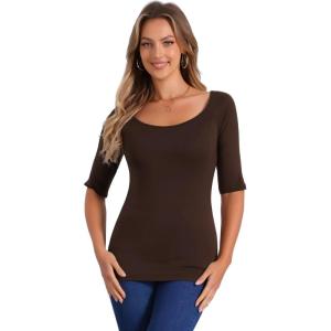 imageAllegra K Womens Half Sleeves Boat Neck Fitted Elbow Length Top Soft TShirtCoffee Brown