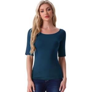 imageAllegra K Womens Half Sleeves Boat Neck Fitted Elbow Length Top Soft TShirtDark Blue