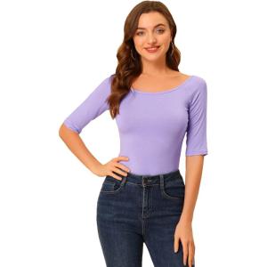 imageAllegra K Womens Half Sleeves Boat Neck Fitted Elbow Length Top Soft TShirtLavender