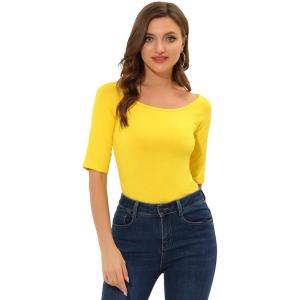 imageAllegra K Womens Half Sleeves Boat Neck Fitted Elbow Length Top Soft TShirtLemon Yellow