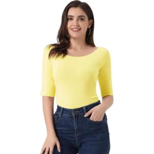 imageAllegra K Womens Half Sleeves Boat Neck Fitted Elbow Length Top Soft TShirtLight Yellow