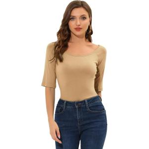 imageAllegra K Womens Half Sleeves Boat Neck Fitted Elbow Length Top Soft TShirtTan