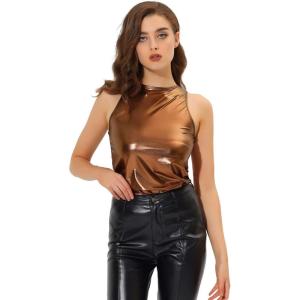 imageAllegra K Womens Metallic Tank Tops Shiny Sleeveless Party Disco ShirtBrown
