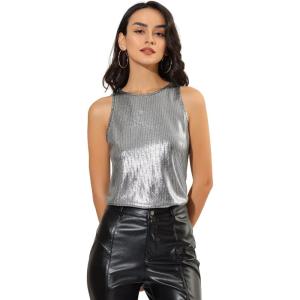imageAllegra K Womens Metallic Tank Tops Shiny Sleeveless Party Disco ShirtDark Silver