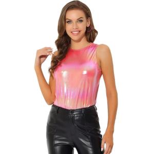imageAllegra K Womens Metallic Tank Tops Shiny Sleeveless Party Disco ShirtHot Pink
