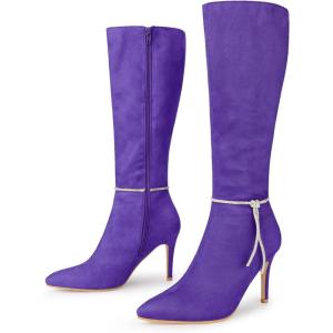imageAllegra K Womens Rhinestone Crystal Chain Pointed Toe Stiletto Heels Knee High BootsDark Purple