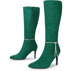 imageAllegra K Womens Rhinestone Crystal Chain Pointed Toe Stiletto Heels Knee High BootsGreen