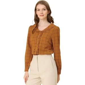 imageAllegra K Womens Ruffle Shirts Long Sleeve Doll Collared Plaid ShirtBrown