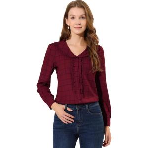 imageAllegra K Womens Ruffle Shirts Long Sleeve Doll Collared Plaid ShirtDark Red