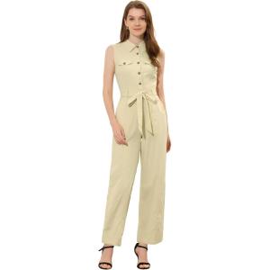 imageAllegra K Womens Wide Leg Jumpsuit 2026 Sleeveless Collared Tie Waist Coverall Button Down Cargo Cotton JumpsuitsApricot