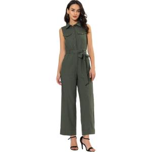 imageAllegra K Womens Wide Leg Jumpsuit 2026 Sleeveless Collared Tie Waist Coverall Button Down Cargo Cotton JumpsuitsArmy Green