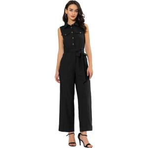 imageAllegra K Womens Wide Leg Jumpsuit 2026 Sleeveless Collared Tie Waist Coverall Button Down Cargo Cotton JumpsuitsBlack