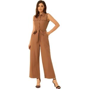 imageAllegra K Womens Wide Leg Jumpsuit 2026 Sleeveless Collared Tie Waist Coverall Button Down Cargo Cotton JumpsuitsBrown