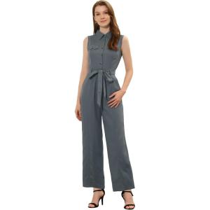 imageAllegra K Womens Wide Leg Jumpsuit 2026 Sleeveless Collared Tie Waist Coverall Button Down Cargo Cotton JumpsuitsGrey