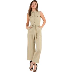 imageAllegra K Womens Wide Leg Jumpsuit 2026 Sleeveless Collared Tie Waist Coverall Button Down Cargo Cotton JumpsuitsKhaki