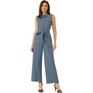 imageAllegra K Womens Wide Leg Jumpsuit 2026 Sleeveless Collared Tie Waist Coverall Button Down Cargo Cotton JumpsuitsLight Blue