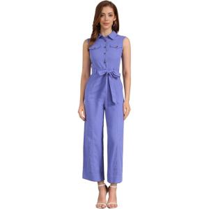 imageAllegra K Womens Wide Leg Jumpsuit 2026 Sleeveless Collared Tie Waist Coverall Button Down Cargo Cotton JumpsuitsMatte Blue