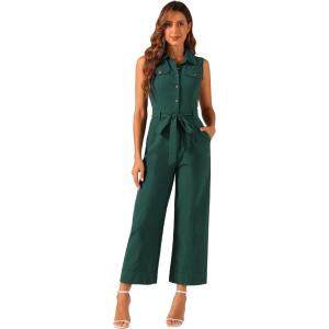 imageAllegra K Womens Wide Leg Jumpsuit 2026 Sleeveless Collared Tie Waist Coverall Button Down Cargo Cotton JumpsuitsPeacock Blue