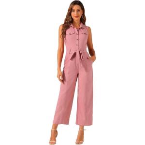 imageAllegra K Womens Wide Leg Jumpsuit 2026 Sleeveless Collared Tie Waist Coverall Button Down Cargo Cotton JumpsuitsPink