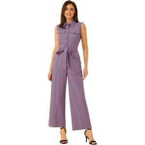 imageAllegra K Womens Wide Leg Jumpsuit 2026 Sleeveless Collared Tie Waist Coverall Button Down Cargo Cotton JumpsuitsPurple