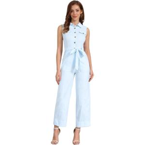 imageAllegra K Womens Wide Leg Jumpsuit 2026 Sleeveless Collared Tie Waist Coverall Button Down Cargo Cotton JumpsuitsSky Blue