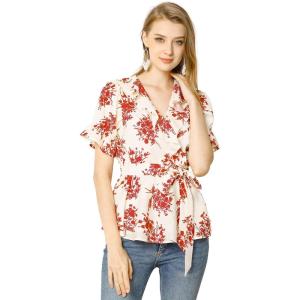 imageAllegra K Womens Wrap Peplum Top Blouse 2026 Summer Floral Short Sleeve Ruffle V Neck Belted ShirtsWhite