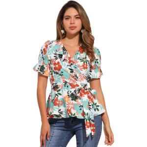imageAllegra K Womens Wrap Peplum Top Blouse 2026 Summer Floral Short Sleeve Ruffle V Neck Belted ShirtsWhite Floral