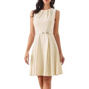 imageAllegra K Work Dresses for Womens Elegant Sleeveless Pleated Crew Neck Tie Waist Aline Business Casual DressBeige