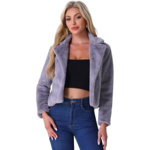 imageAllegra K Womens Cropped Fur Jacket Lapel Fluffy Cardigan Shrug 2026 Winter Short Faux Fur Coat OutfitsGrey Purple