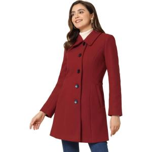 imageAllegra K Womens Pea Coat Single Breasted Long Sleeve Warm Casual Overcoat with Pockets Winter OutwearDark Red