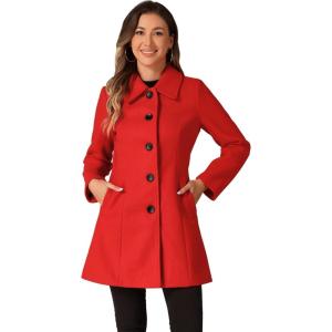 imageAllegra K Womens Pea Coat Single Breasted Long Sleeve Warm Casual Overcoat with Pockets Winter OutwearRed