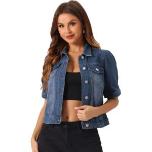 imageAllegra K Casual Jean Jacket for Womens Short Puff Sleeves ButtonDown Denim JacketDark Blue